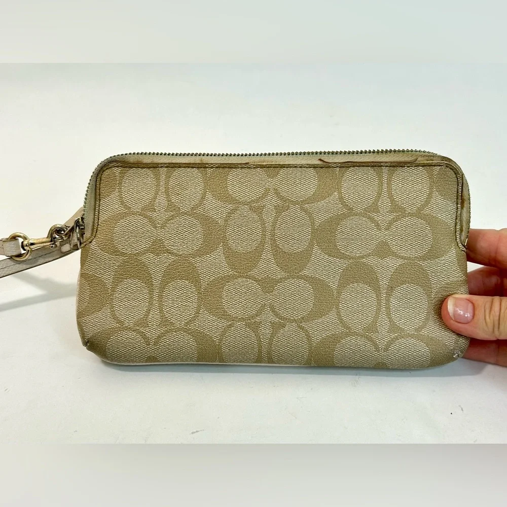 Coach Signature CC Khaki Double Zip Wristlet Wallet F52848